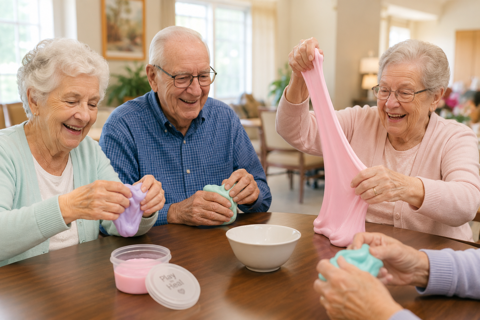 Seniors laughing together while playing with slime at a Playing to Heal workshop